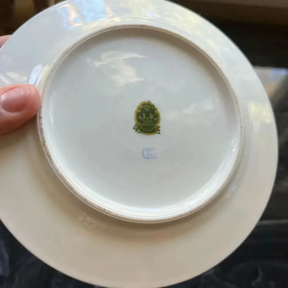 Vintage JK Carlsbad Colonial Blue And Gold China Decorative Plate 6.5” x 6.5”